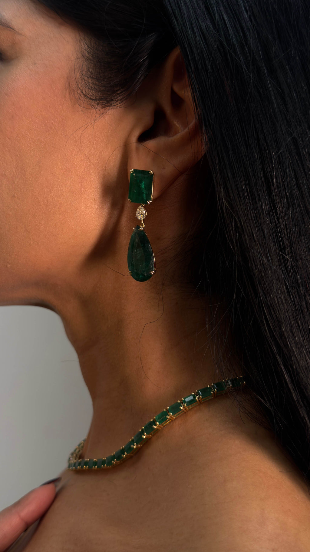 Zambian Emerald Drop Earrings in 14K Yellow Gold with Diamonds