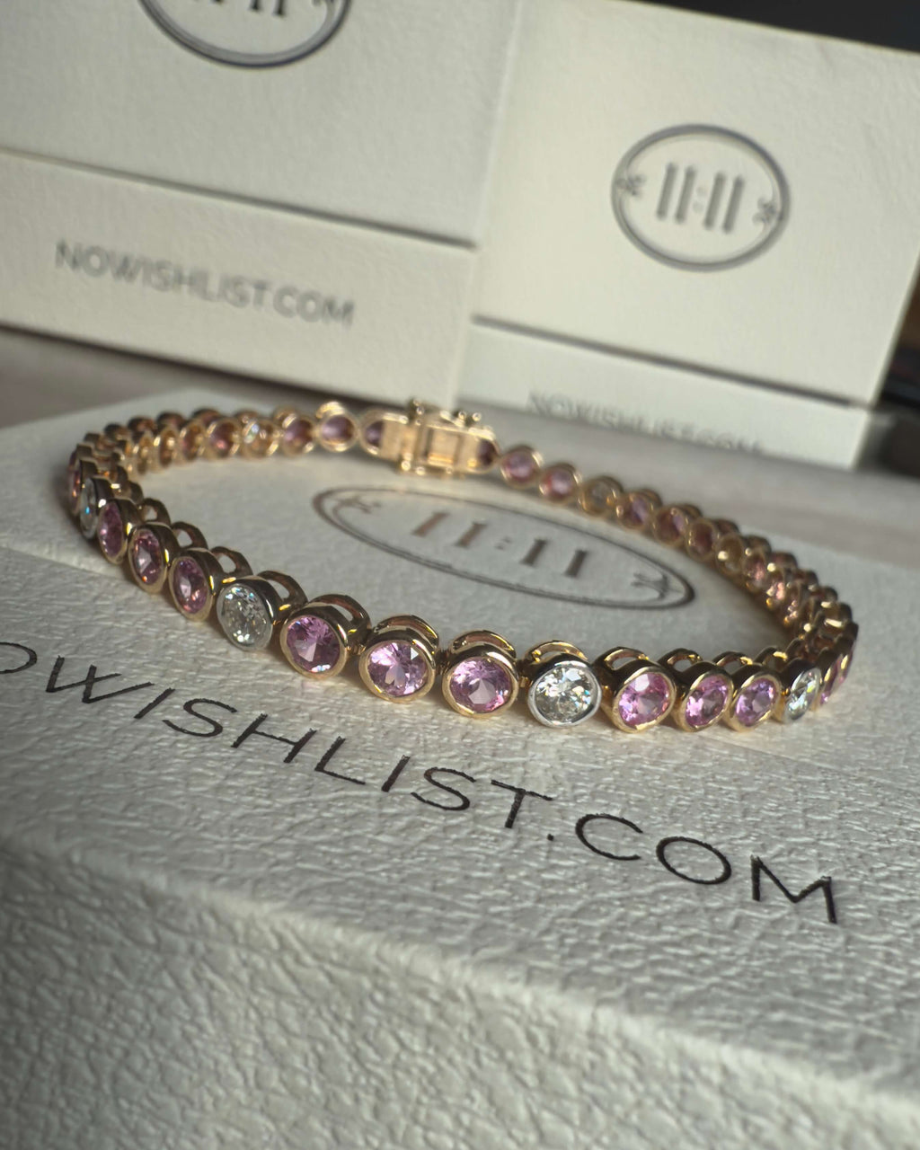 Pink Sapphire & Diamond Tennis Bracelet – 14KT Yellow Gold