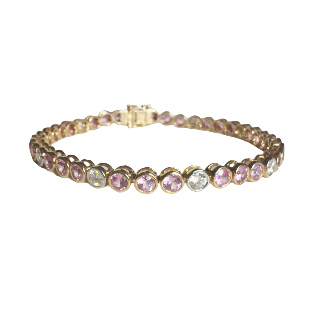 Pink Sapphire & Diamond Tennis Bracelet – 14KT Yellow Gold