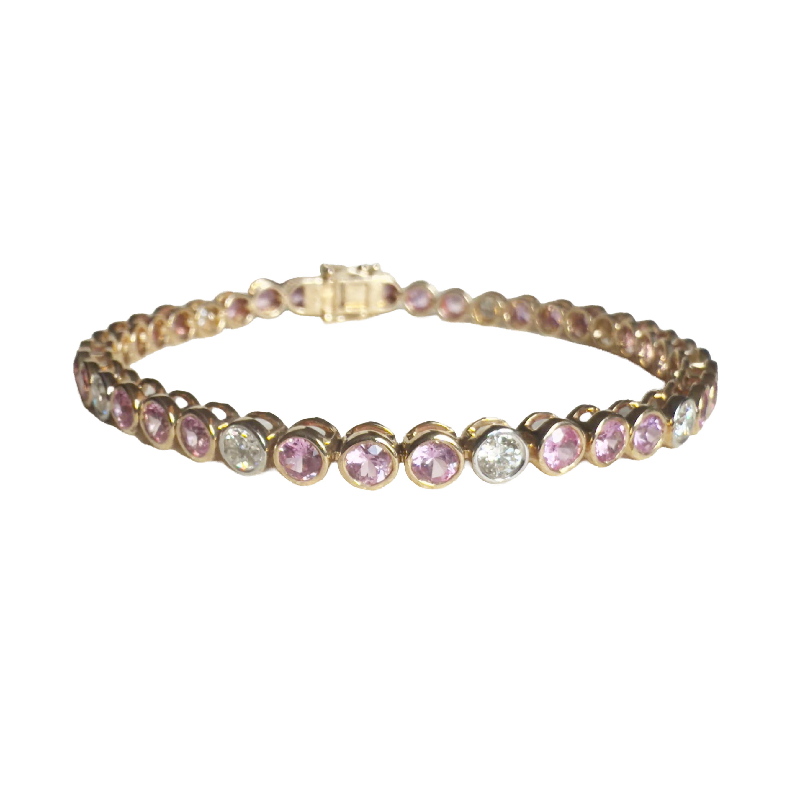 Pink Sapphire & Diamond Tennis Bracelet – 14KT Yellow Gold