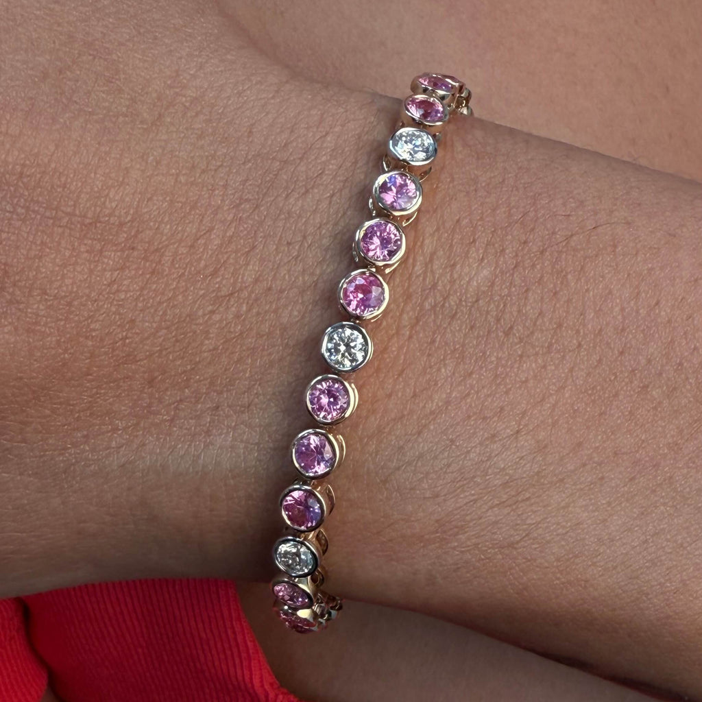 Pink Sapphire & Diamond Tennis Bracelet – 14KT Yellow Gold