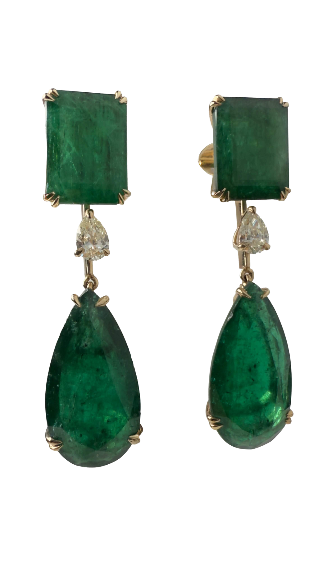 Zambian Emerald Drop Earrings in 14K Yellow Gold with Diamonds