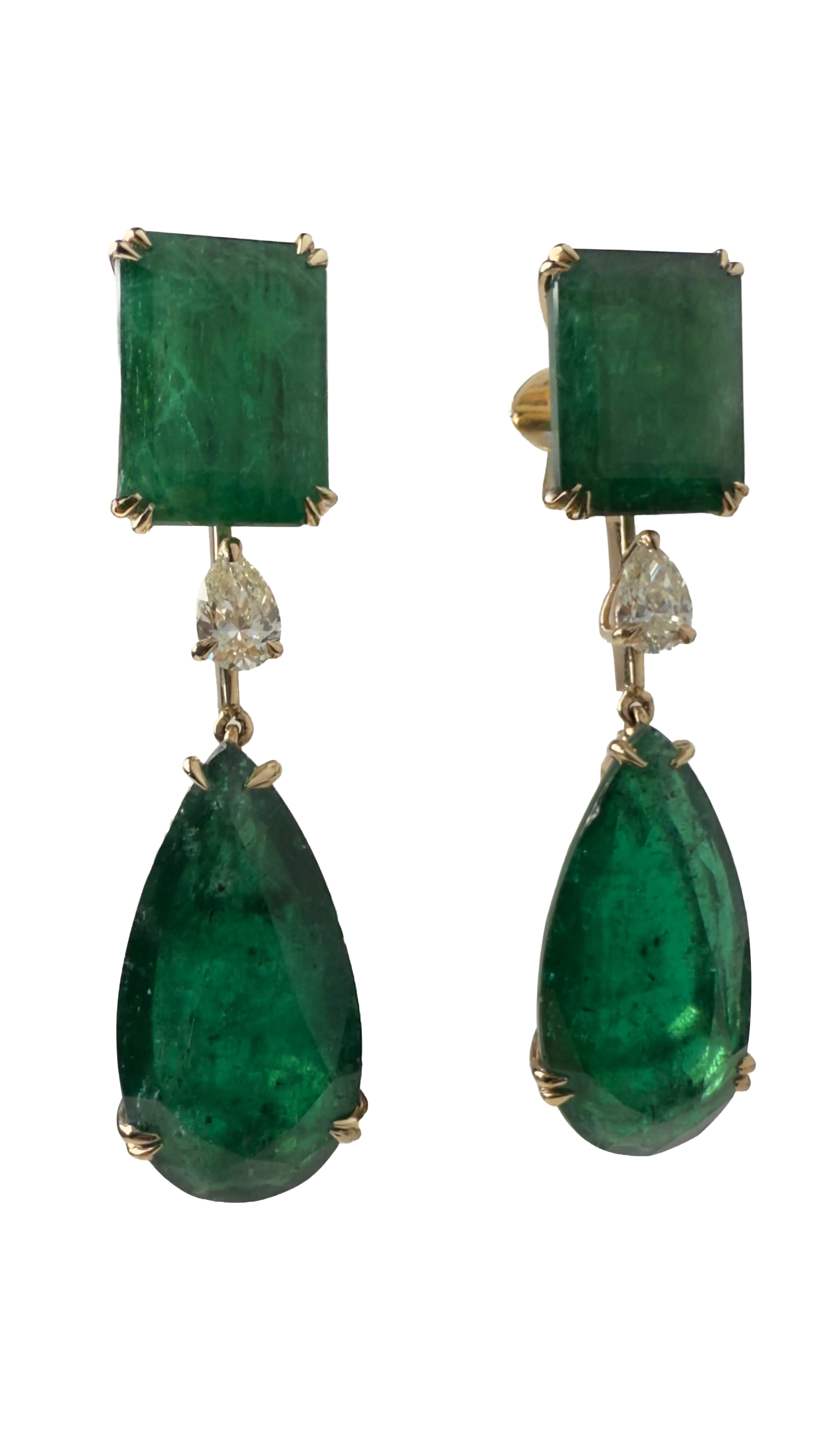 Zambian Emerald Drop Earrings in 14K Yellow Gold with Diamonds