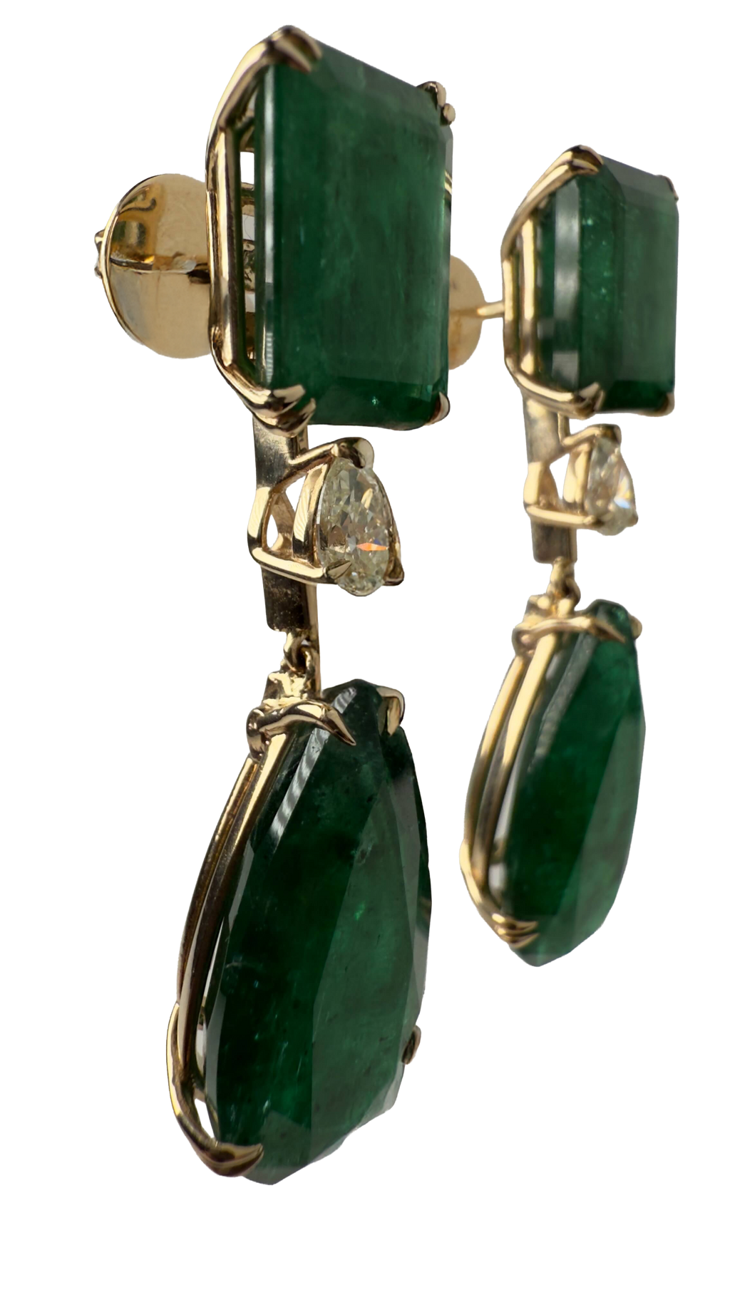 Zambian Emerald Drop Earrings in 14K Yellow Gold with Diamonds