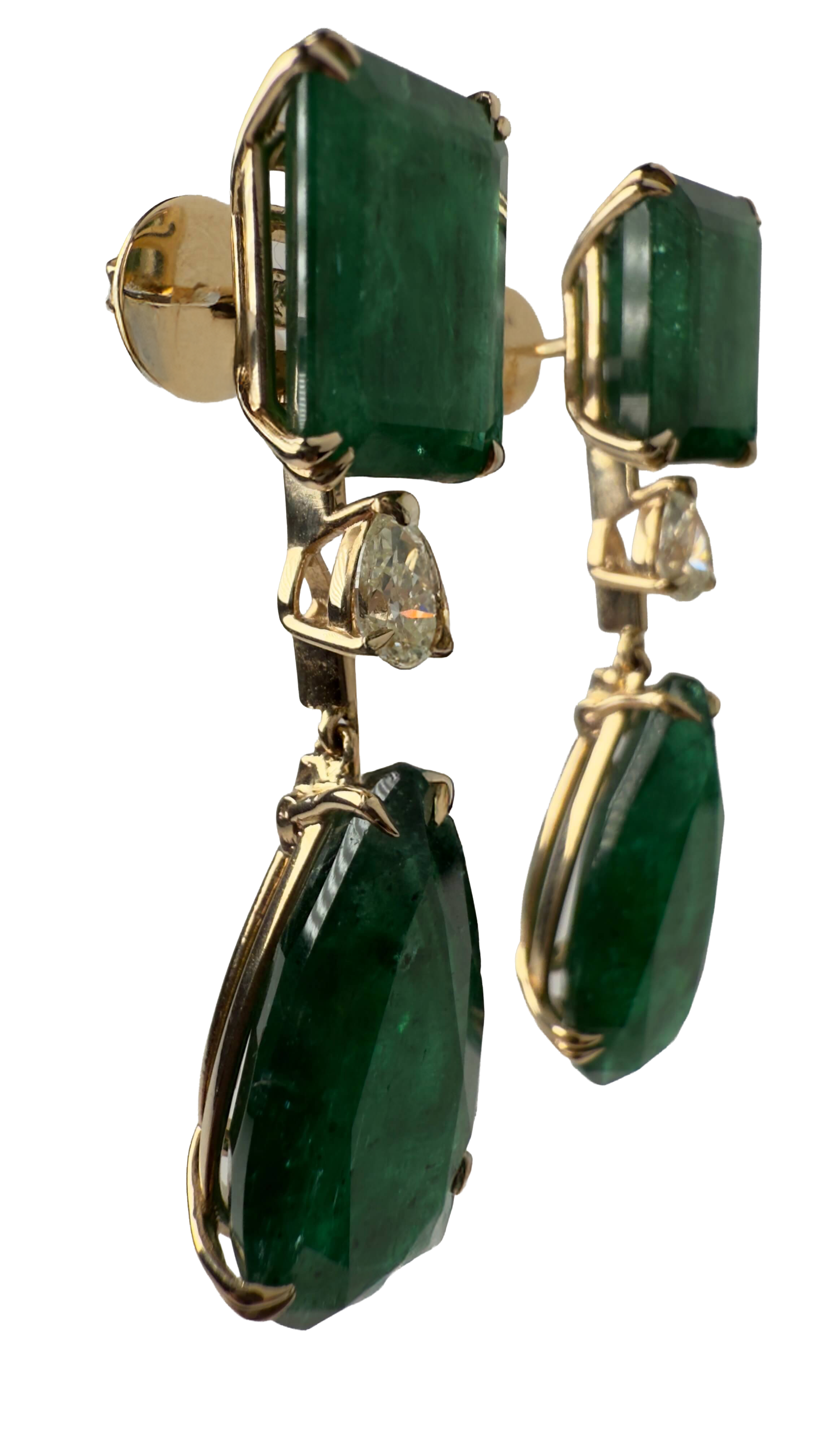 Zambian Emerald Drop Earrings in 14K Yellow Gold with Diamonds