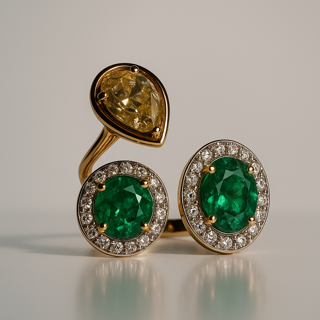 Emerald & Yellow Diamond Triple-Stone Ring – 14kt Solid Yellow Gold