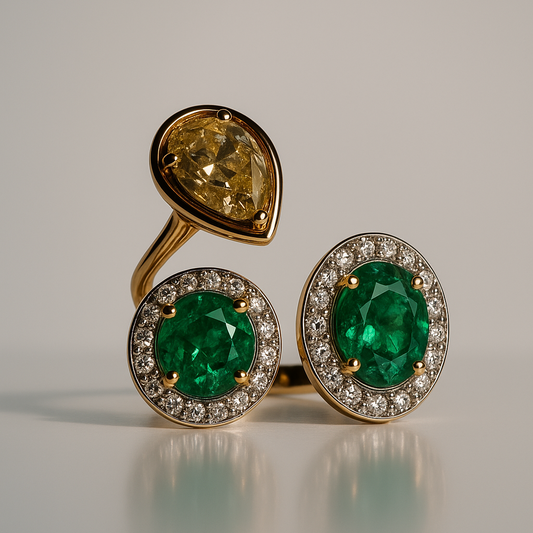 Emerald & Yellow Diamond Triple-Stone Ring – 14kt Solid Yellow Gold