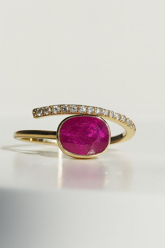 18kt Solid Yellow Gold Burma Ruby & Diamond Wrap Ring