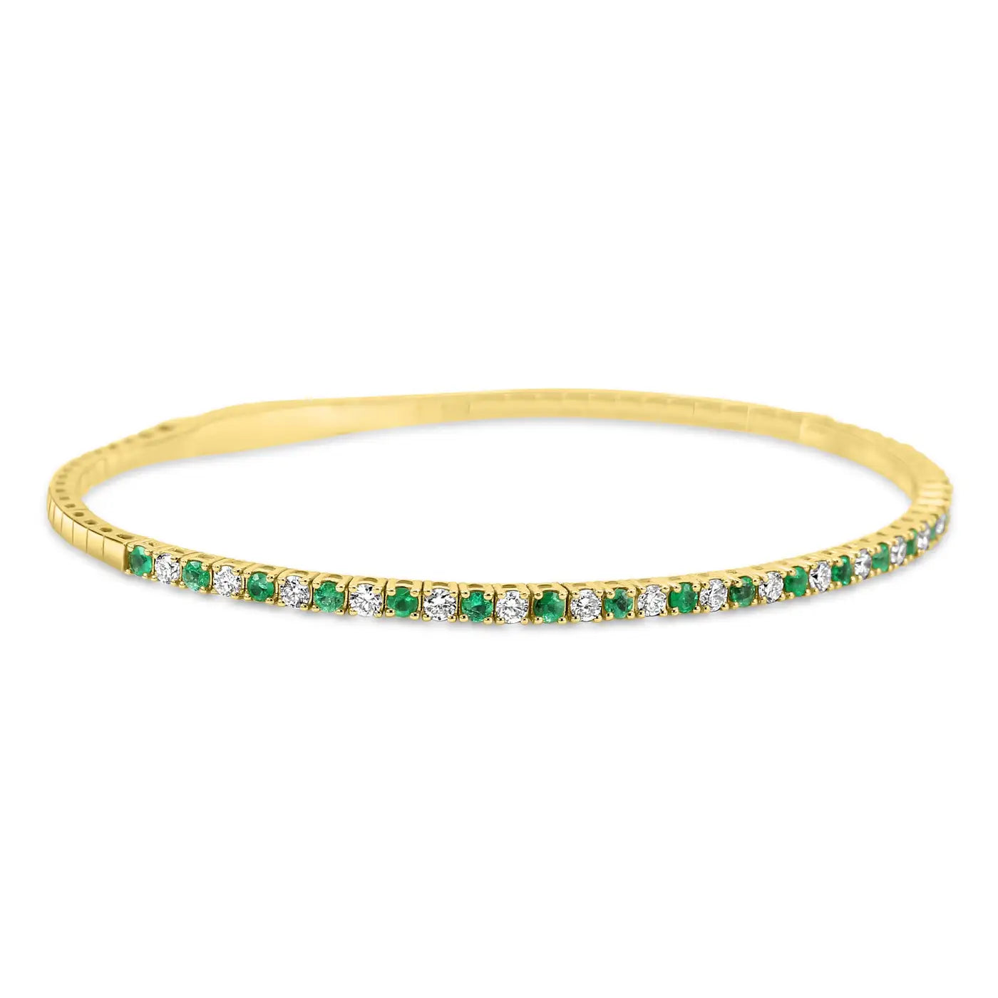 Emerald & Diamond Round 0.93 Carat 14K Yellow Gold Flexible Bangle