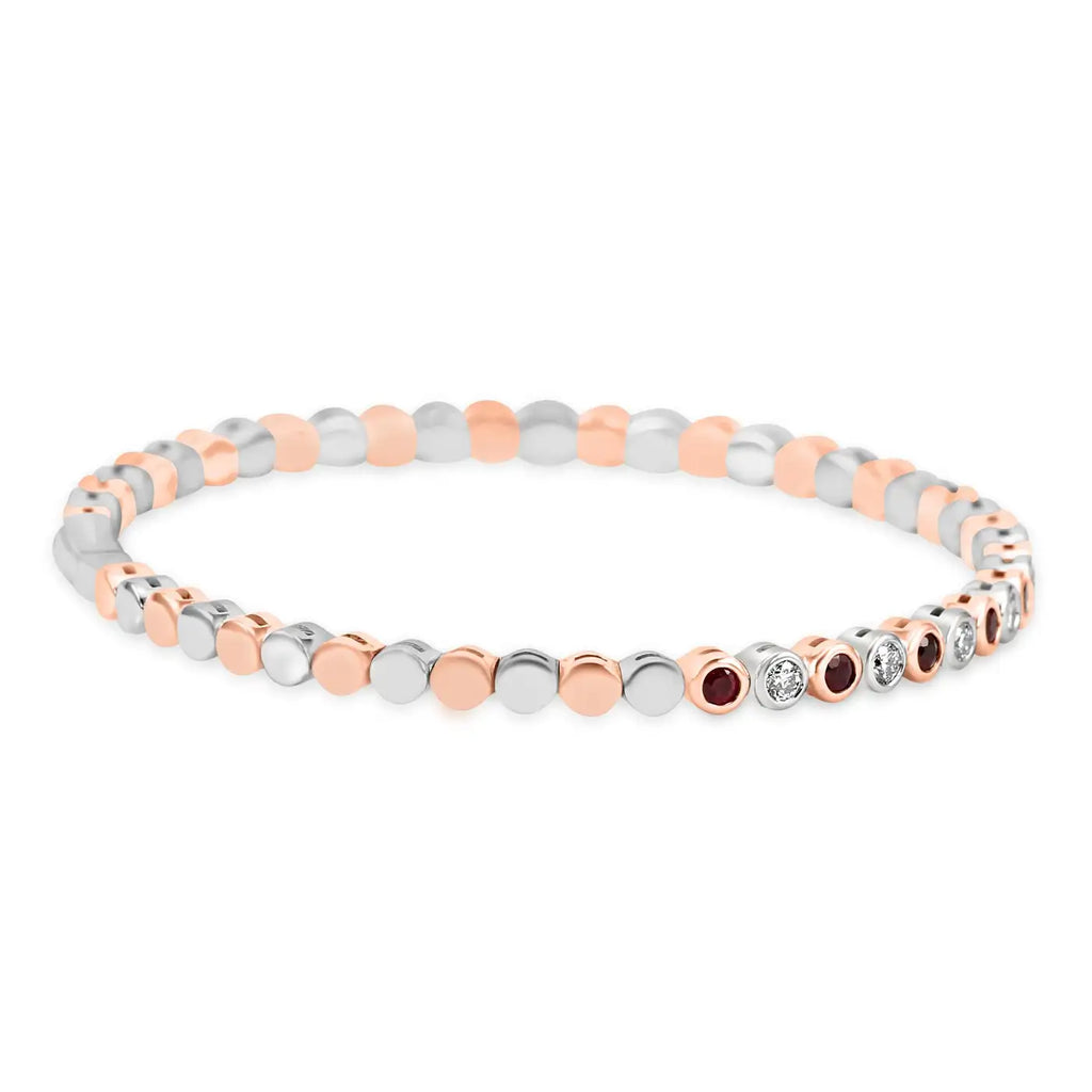Brazalete de oro blanco y rosa de 14 quilates con rubí y diamante blanco redondo de 1,24 quilates