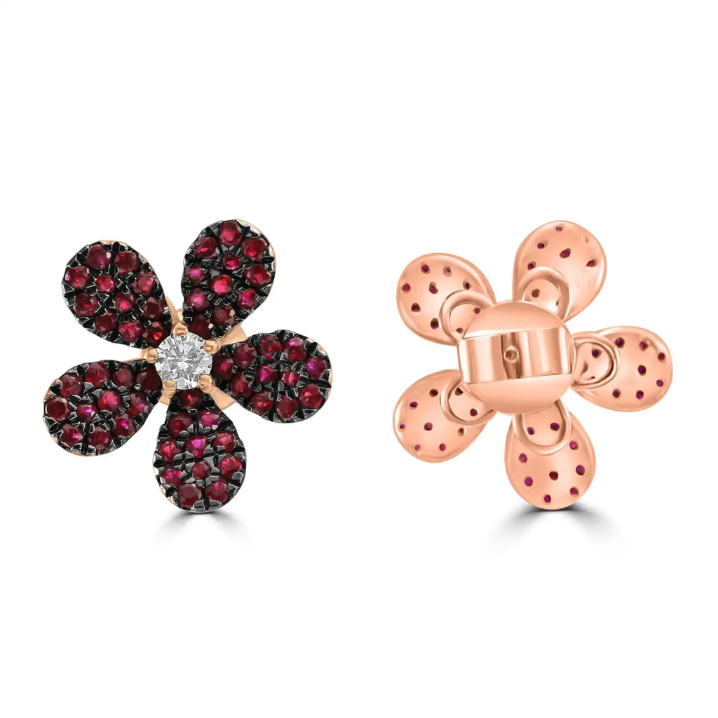 Flower Shape, Cocktail Earring's 14K Rose Gold with Ruby and Round White Diamonds