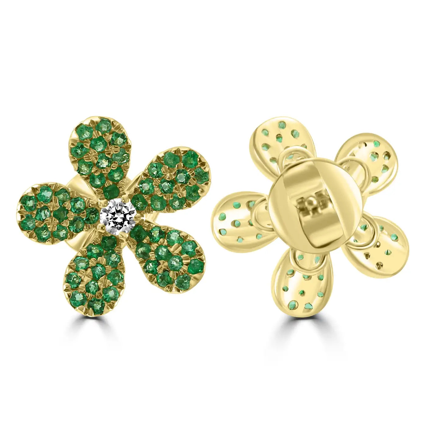 Emerald Round White Diamond 14K Gold Flower Shape Cocktail Earring