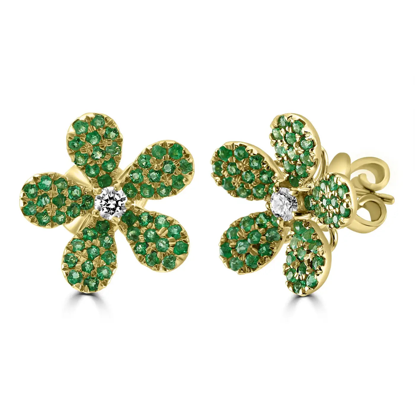 Emerald Round White Diamond 14K Gold Flower Shape Cocktail Earring