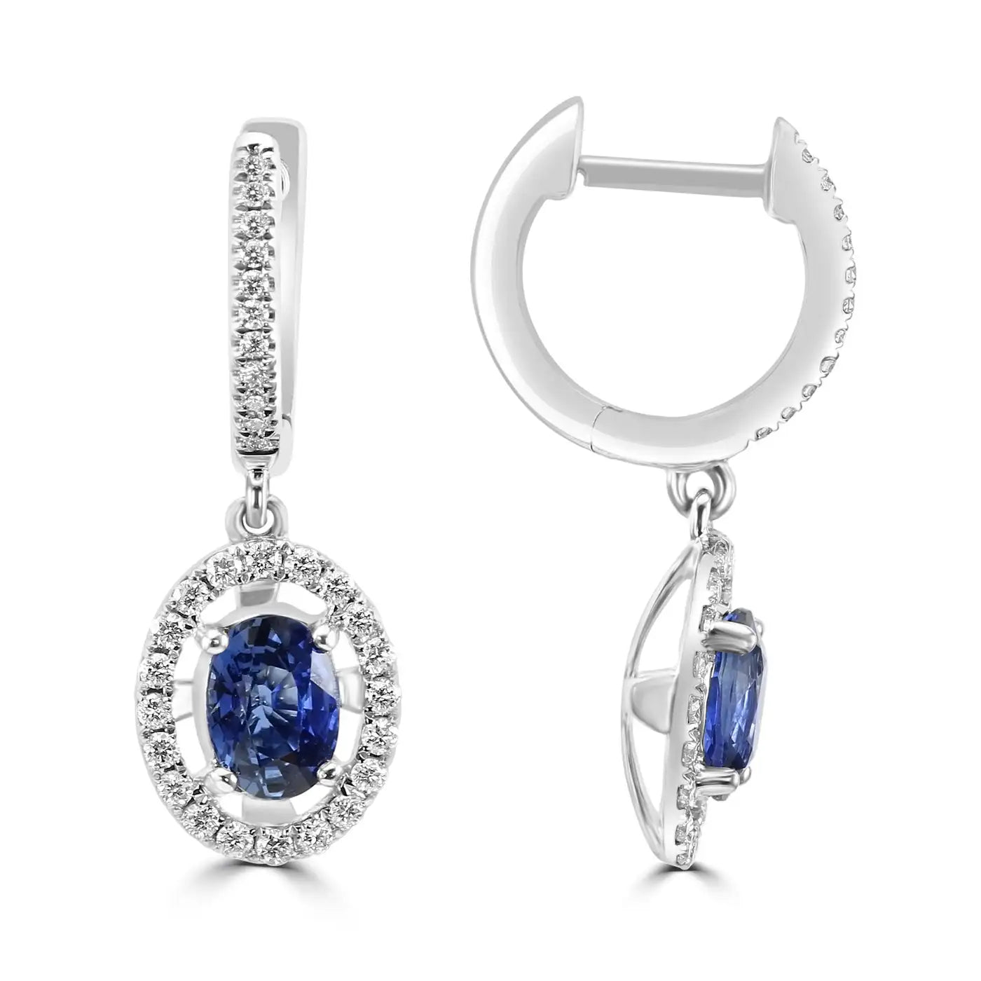 Pendiente colgante de oro de 18 quilates con zafiro azul ovalado y diamantes redondos blancos