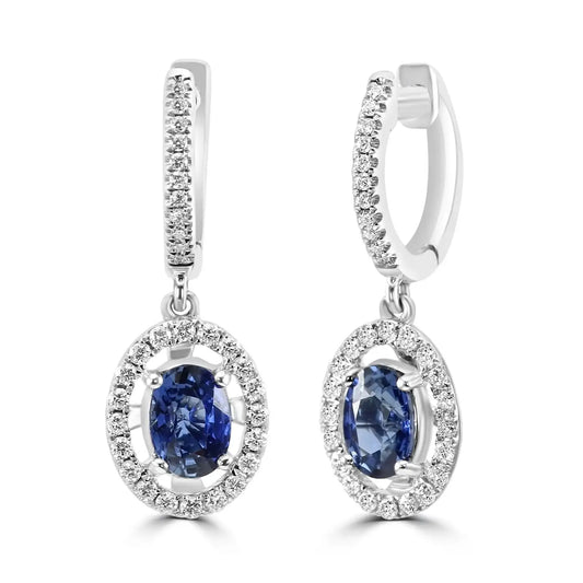 Blue Sapphire Oval and White Round Diamonds 18K Gold Dangle Earring