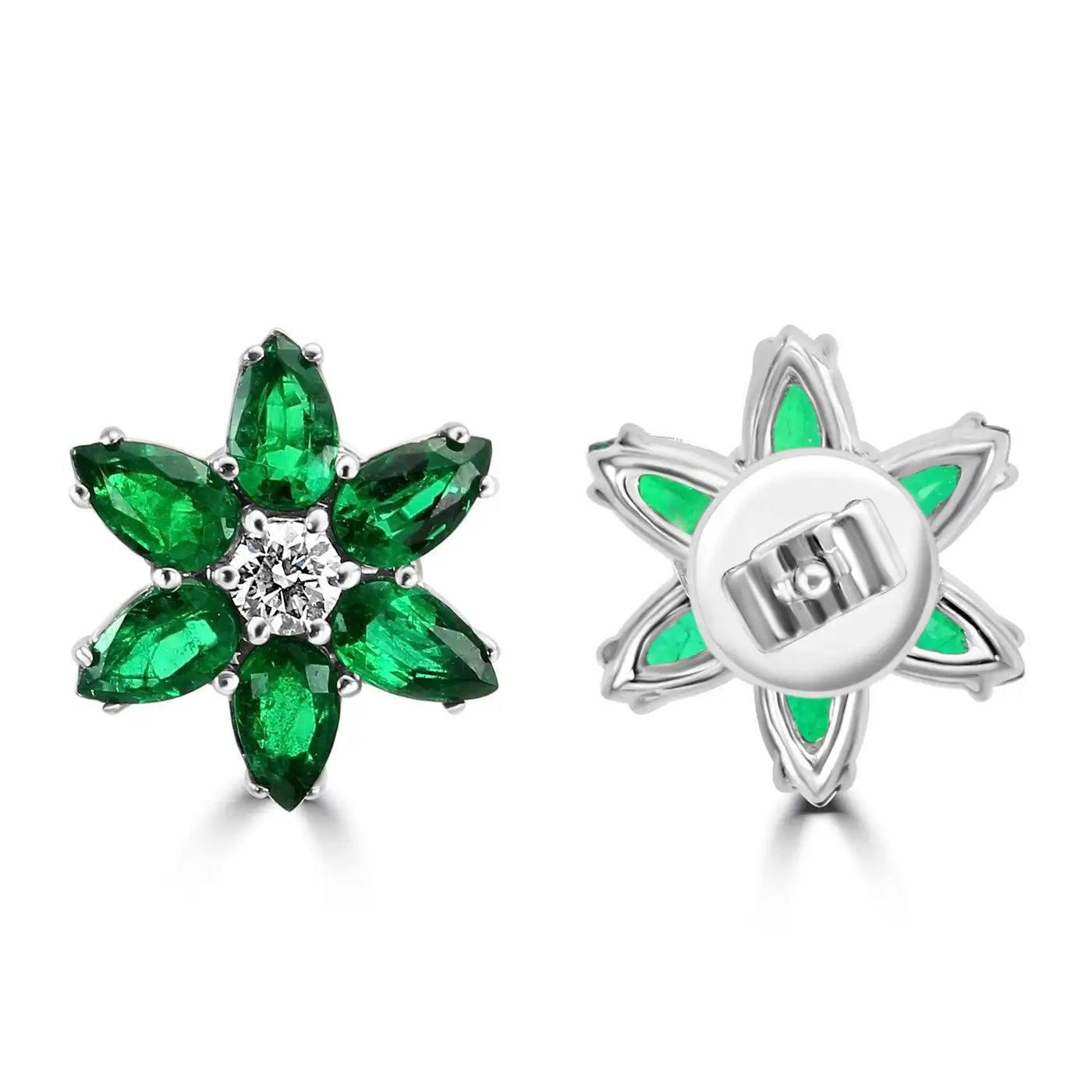 Green Emerald Pear Diamond Round "Flower" 18 Karat Gold Stud Earrings