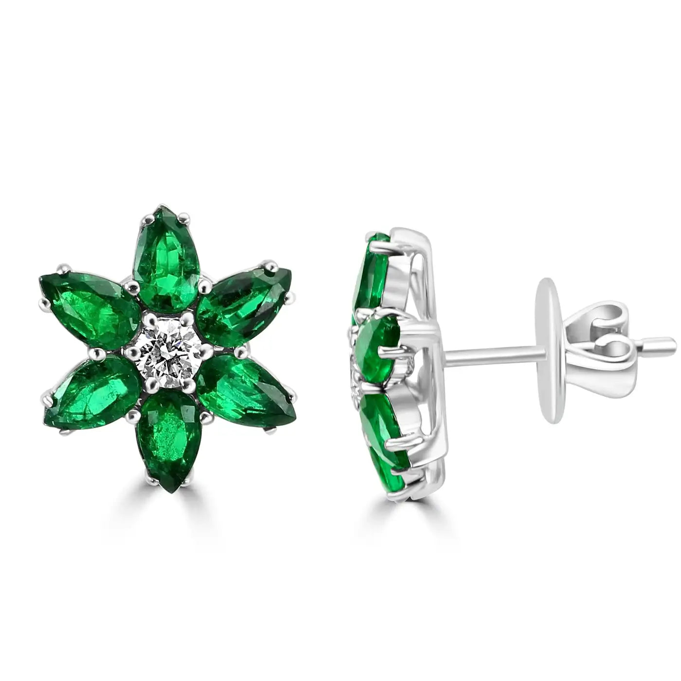 Green Emerald Pear Diamond Round "Flower" 18 Karat Gold Stud Earrings
