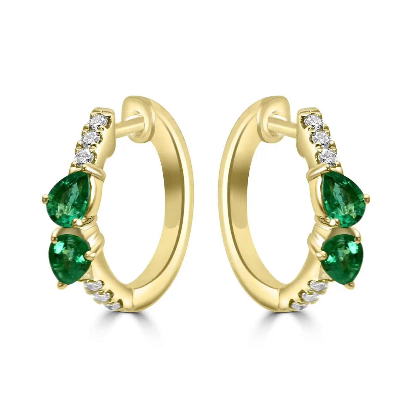 Huggie Hoop Earring With Pear Emerald & White Round Diamonds 14K Yellow Gold