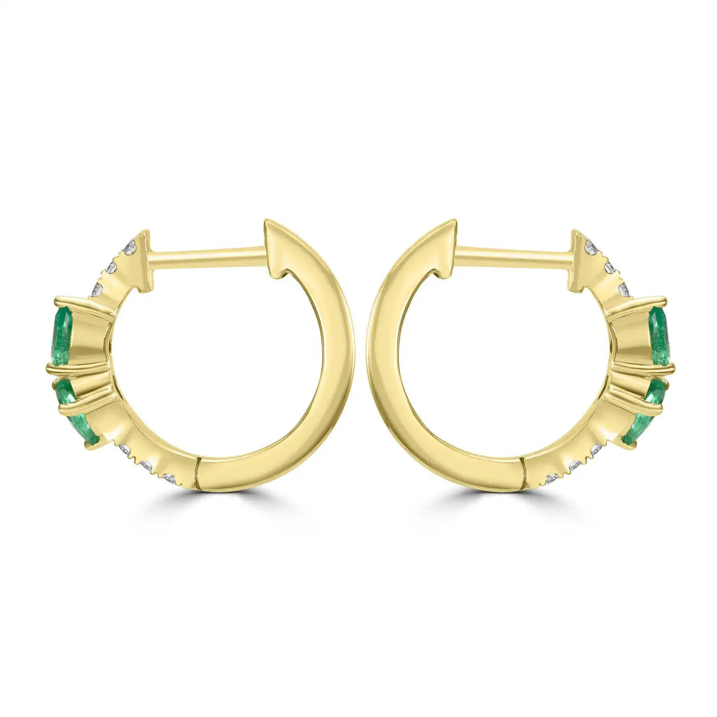 Huggie Hoop Earring With Pear Emerald & White Round Diamonds 14K Yellow Gold