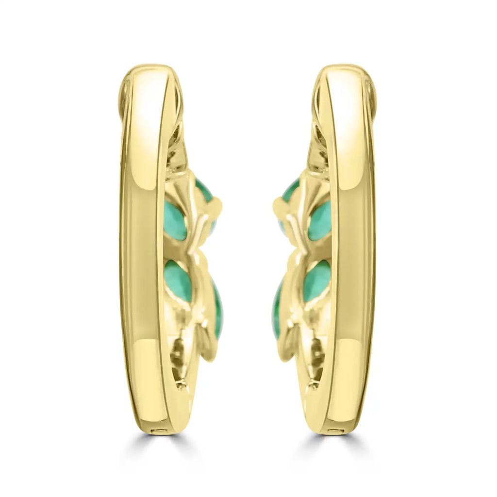 Huggie Hoop Earring With Pear Emerald & White Round Diamonds 14K Yellow Gold