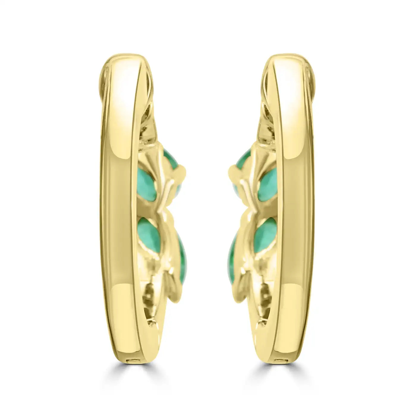 Huggie Hoop Earring With Pear Emerald & White Round Diamonds 14K Yellow Gold