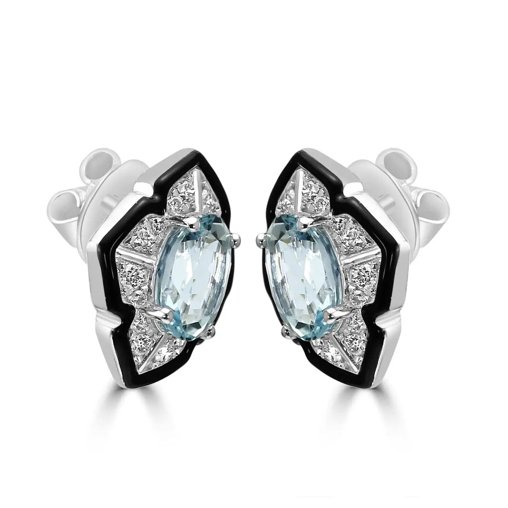 Pendientes elegantes de estilo art déco con esmalte en oro de 14 quilates y diamantes ovalados y aguamarina 