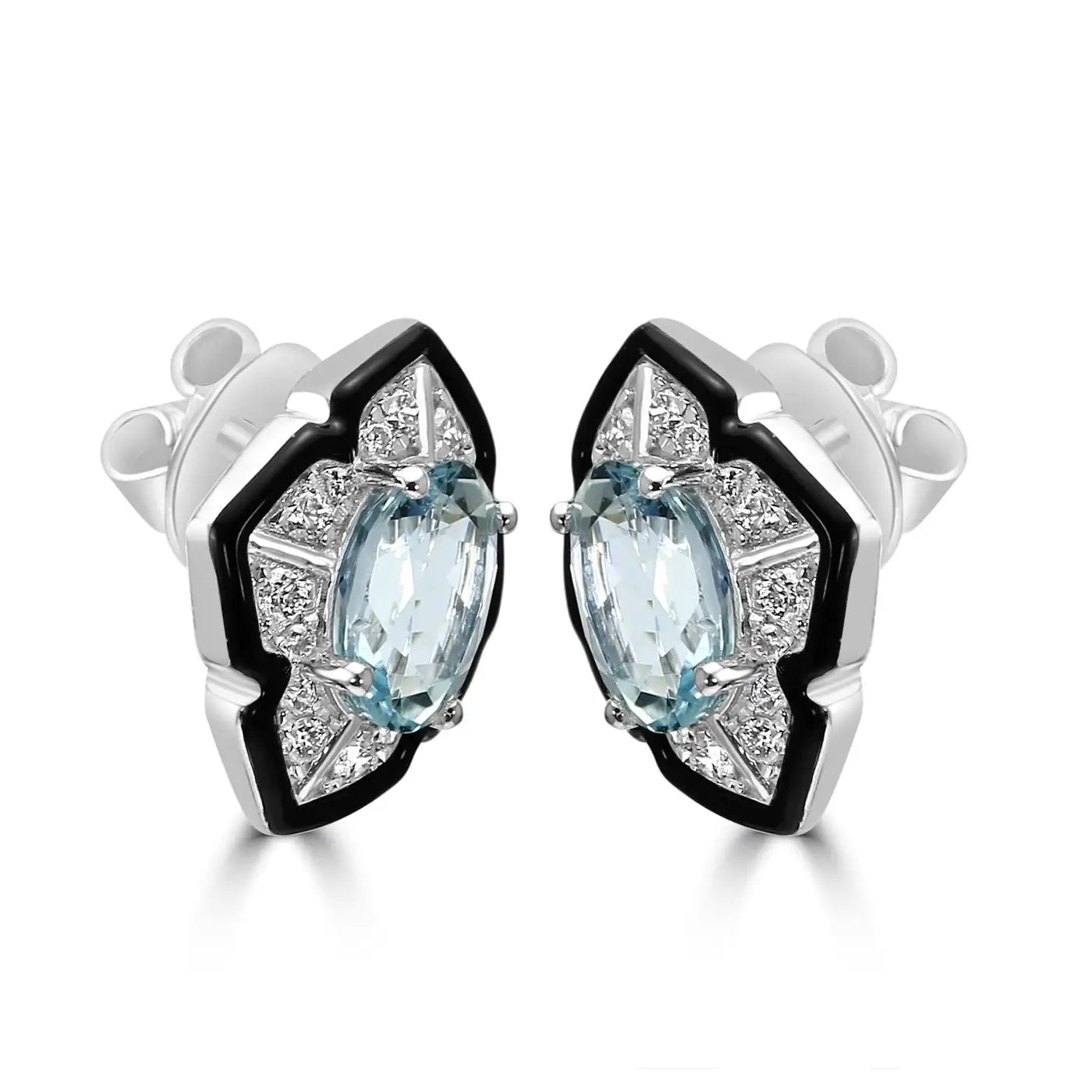 Pendientes elegantes de estilo art déco con esmalte en oro de 14 quilates y diamantes ovalados y aguamarina 