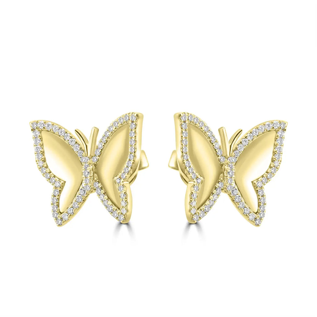 White Diamond Round Butterfly Shape 14K Yellow Gold Stud Earrings