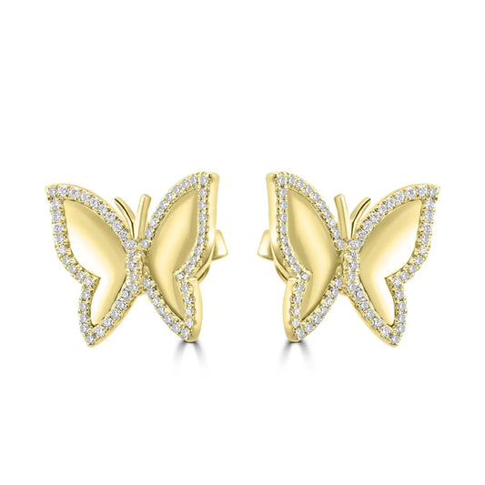 Pendientes de oro amarillo de 14 quilates con forma de mariposa y diamantes blancos