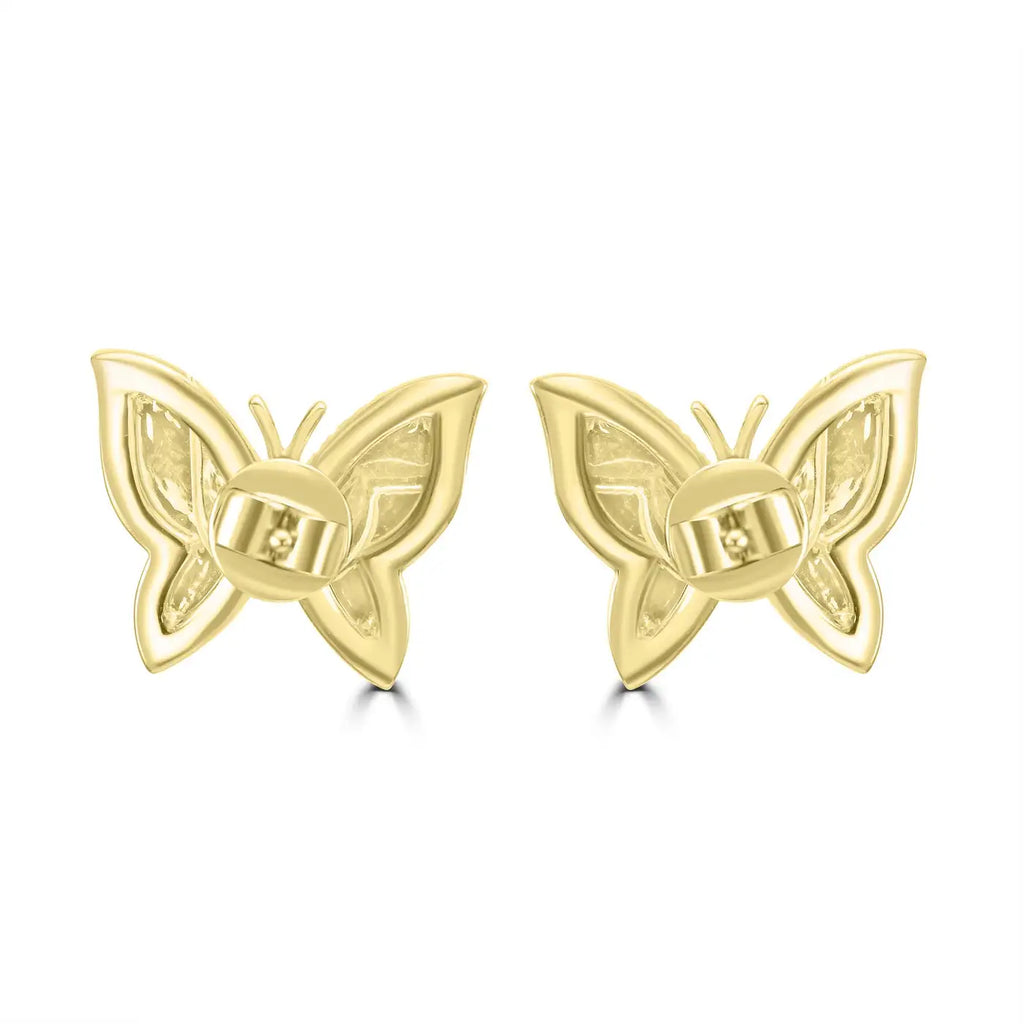 White Diamond Round Butterfly Shape 14K Yellow Gold Stud Earrings