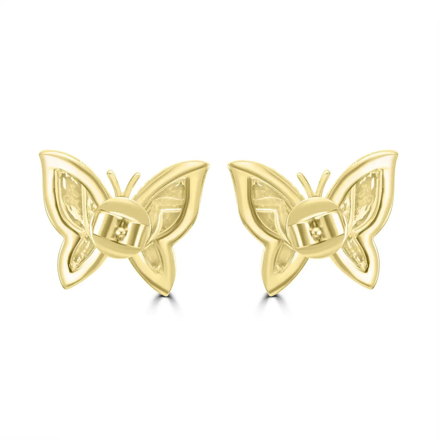White Diamond Round Butterfly Shape 14K Yellow Gold Stud Earrings