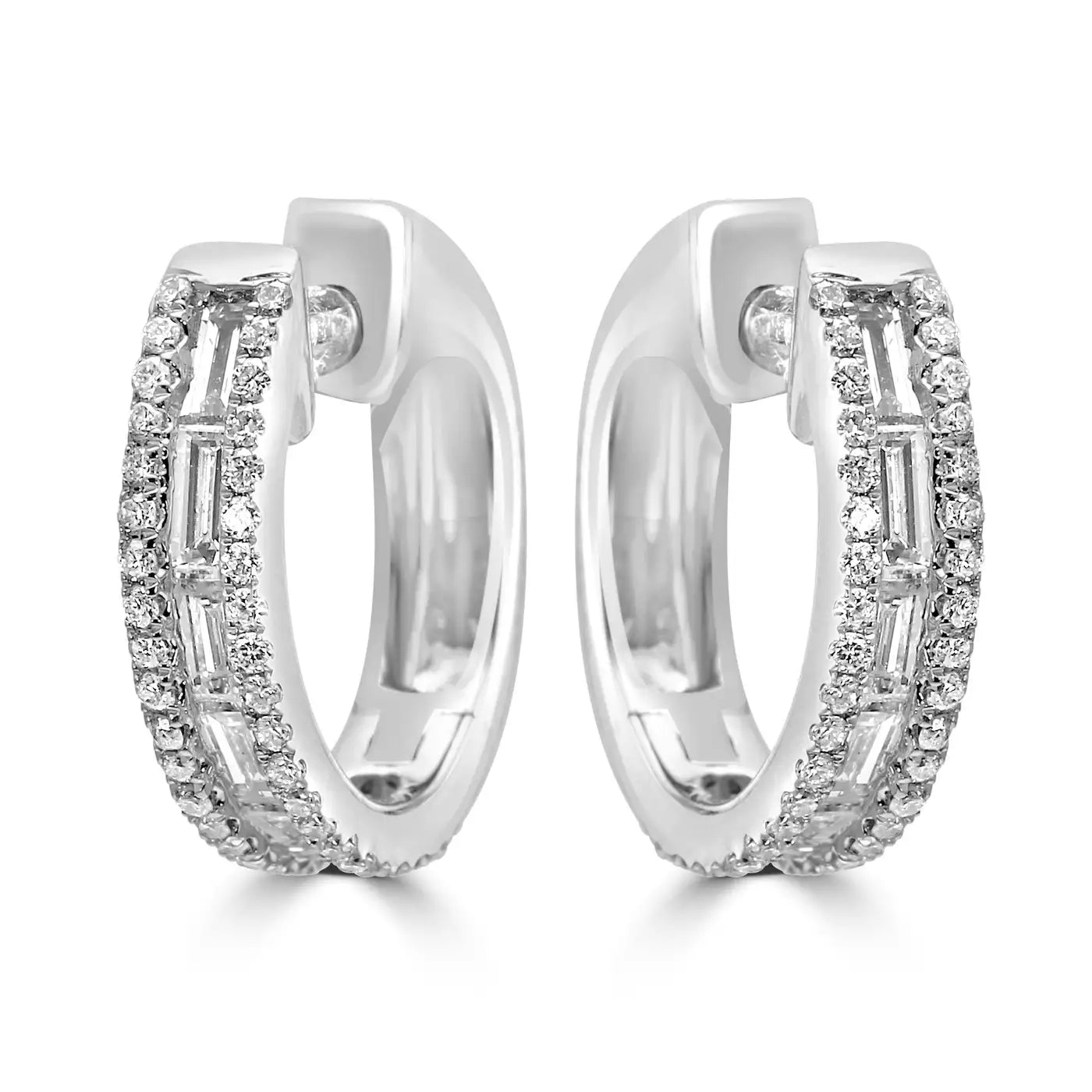 White Diamond Baguette & Round 14 Karat White Gold Fashion Huggie Hoop Earrings