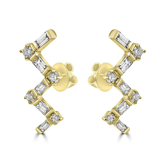 White Diamond Baguette & Round 14K Gold "ZIG-ZAG"  Stud Earring