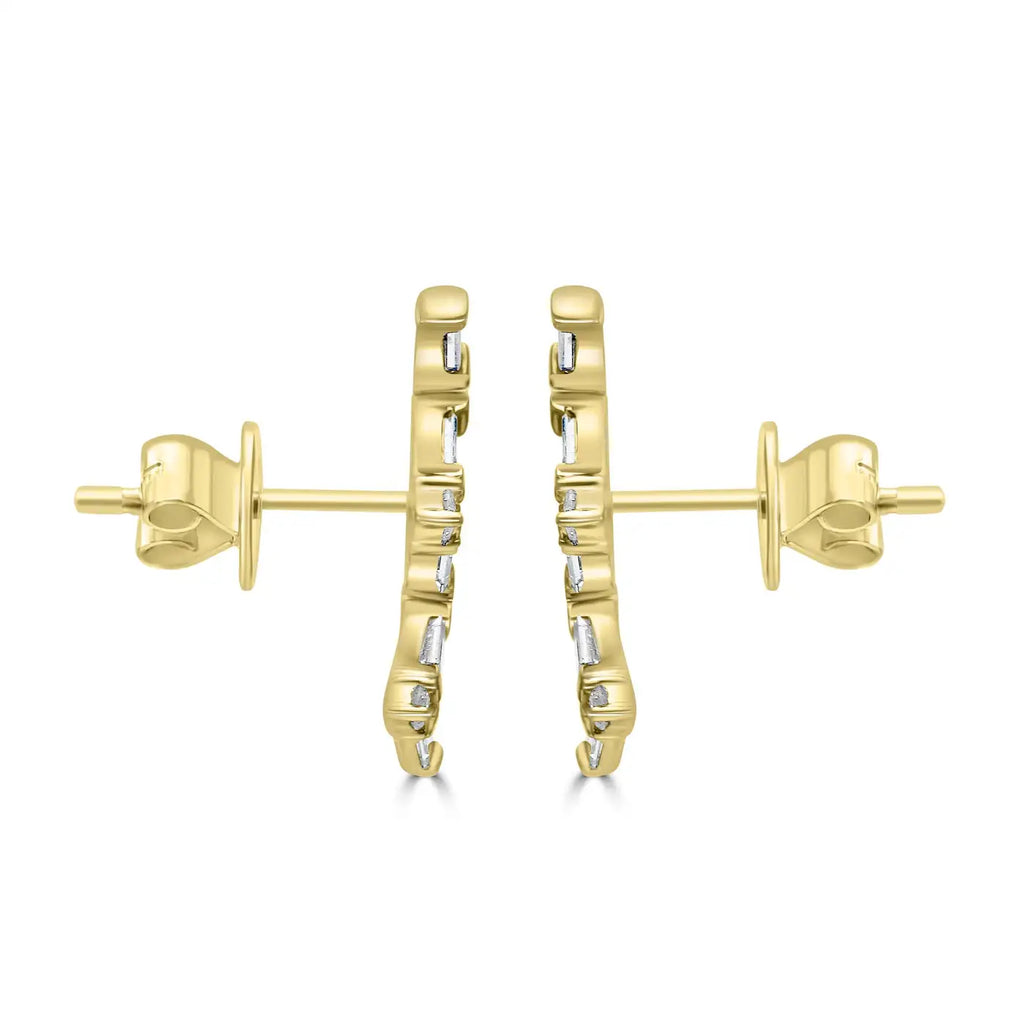 White Diamond Baguette & Round 14K Gold "ZIG-ZAG"  Stud Earring