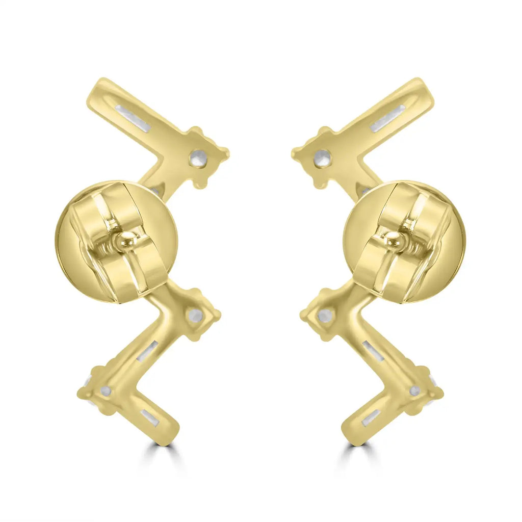 White Diamond Baguette & Round 14K Gold "ZIG-ZAG"  Stud Earring