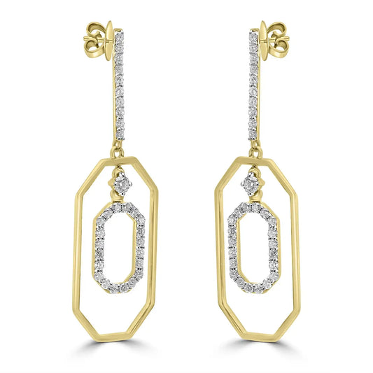 Elegantes pendientes colgantes de oro de 14 quilates con diamantes blancos redondos 