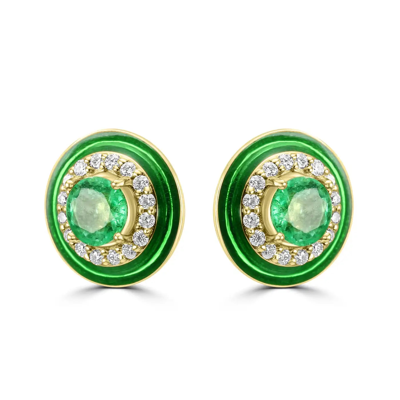 Emerald Round White Diamond Green Enamel Halo 18K Gold Earring