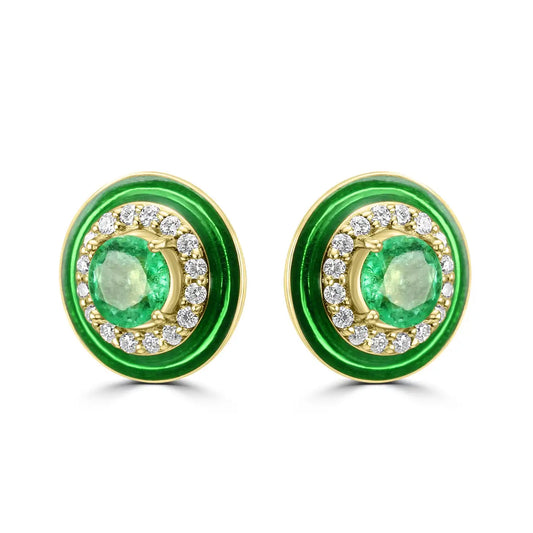 Emerald Round White Diamond Green Enamel Halo 18K Gold Earring