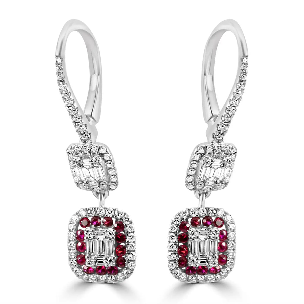 Pendientes colgantes de oro blanco de 18 k con rubí redondo y diamante baguette