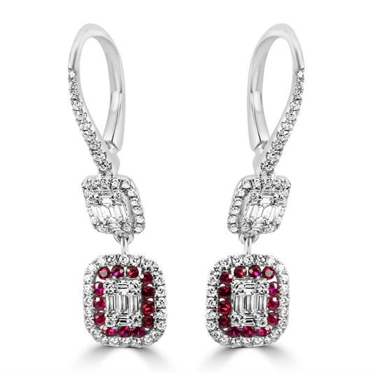 18k White Gold Dangle Drop Earrings  Ruby Round & Diamond Baguette