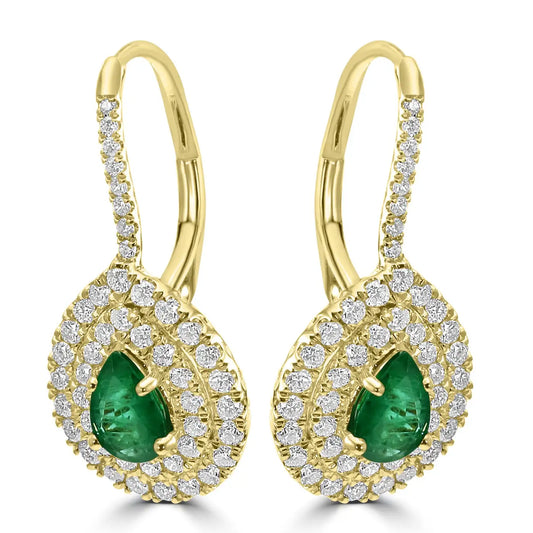 Emerald Pear & White Diamond Round Double Halo 14K Gold Dangle Earring