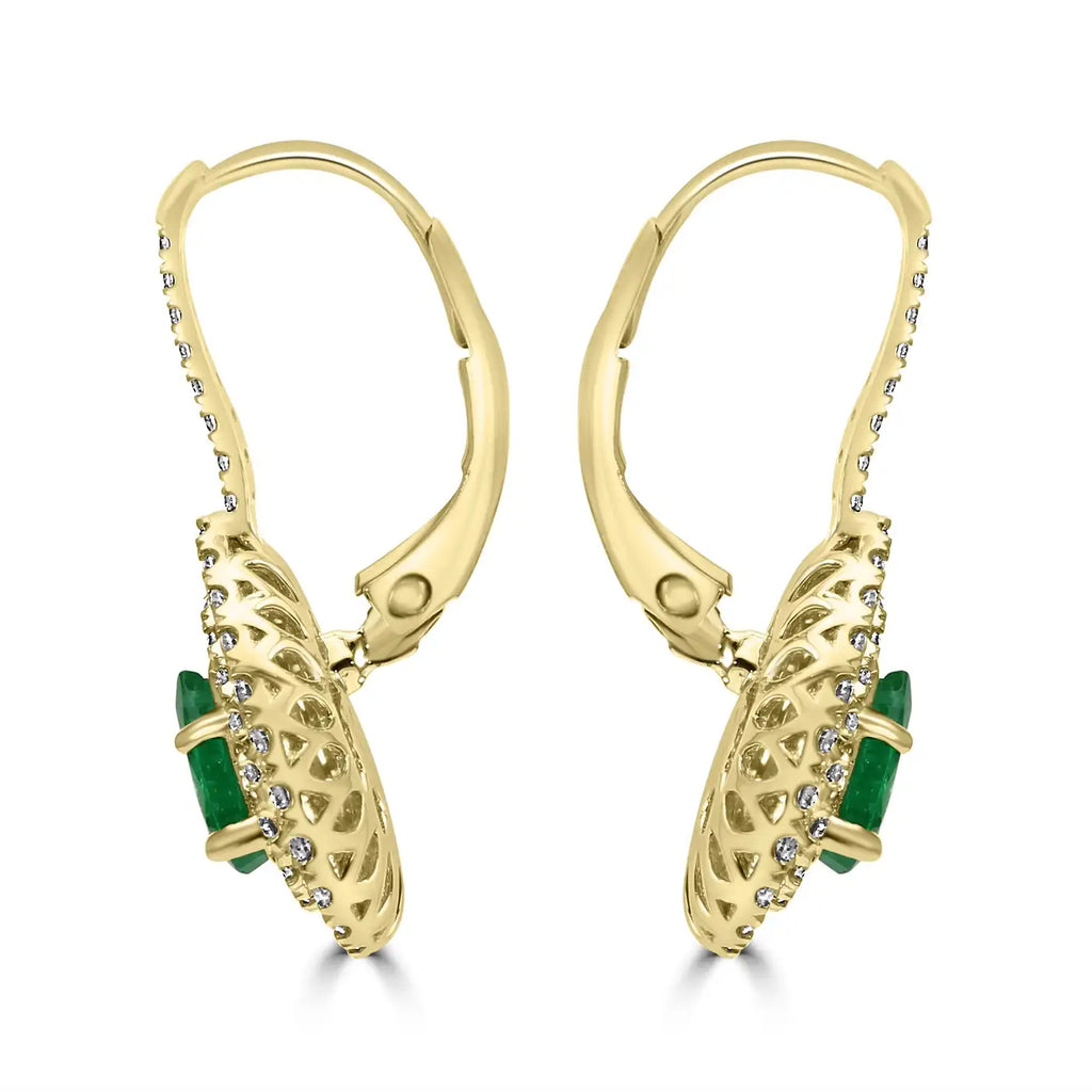 Emerald Pear & White Diamond Round Double Halo 14K Gold Dangle Earring