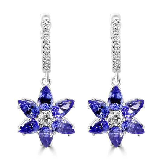 Tanzanite Pear Diamond Round 18K Gold Flower Shape Dangle Earrings