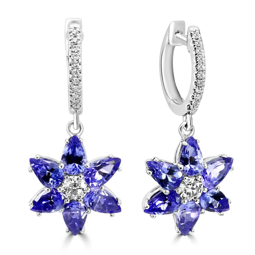 Tanzanite Pear Diamond Round 18K Gold Flower Shape Dangle Earrings