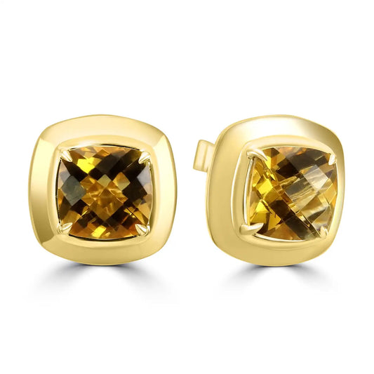 Citrine Cushion Cut 14K Yellow Gold Bezel-Set Stud Earring