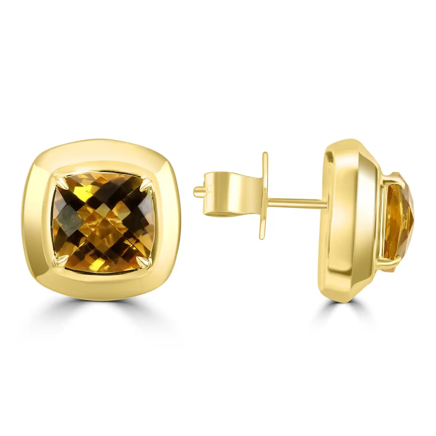 Citrine Cushion Cut 14K Yellow Gold Bezel-Set Stud Earring