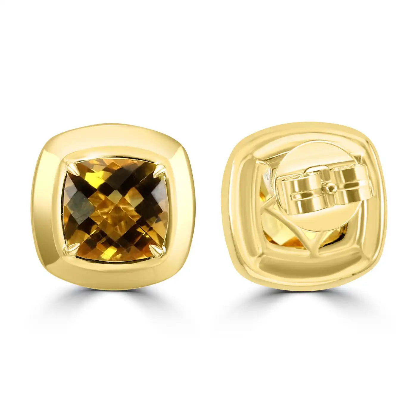 Citrine Cushion Cut 14K Yellow Gold Bezel-Set Stud Earring