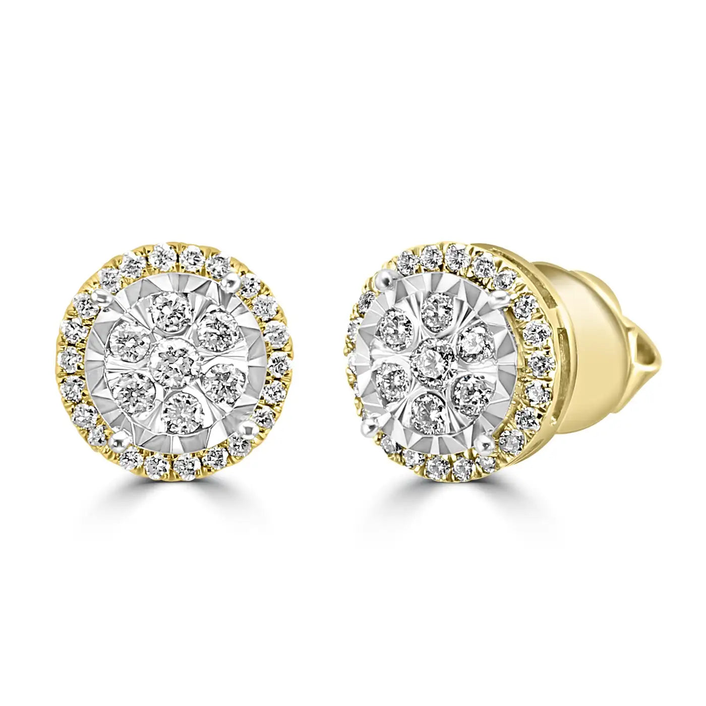 White Diamond Round 14 Karat White & Yellow Gold Big Look Stud Halo Earring