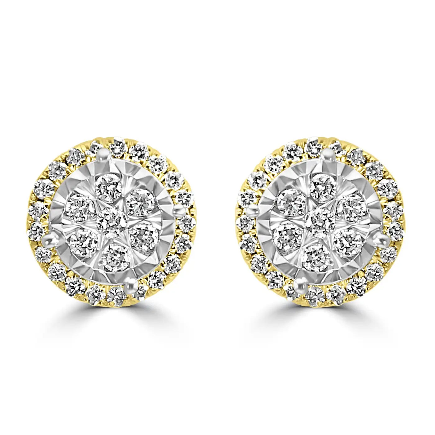 White Diamond Round 14 Karat White & Yellow Gold Big Look Stud Halo Earring