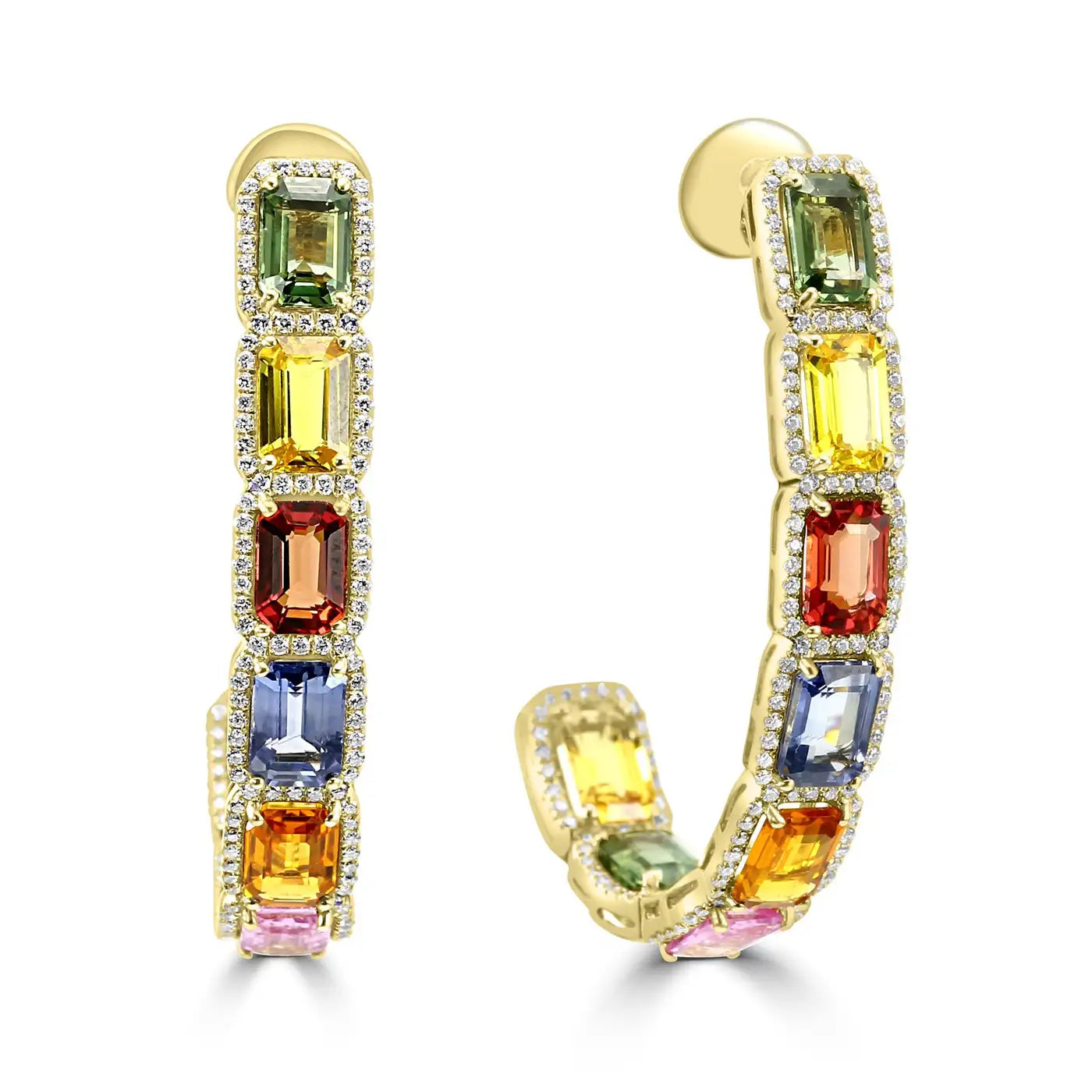 Multi Sapphire Emerald & Diamond 12.30 Carat 14 Karat Yellow Gold Drop Earring